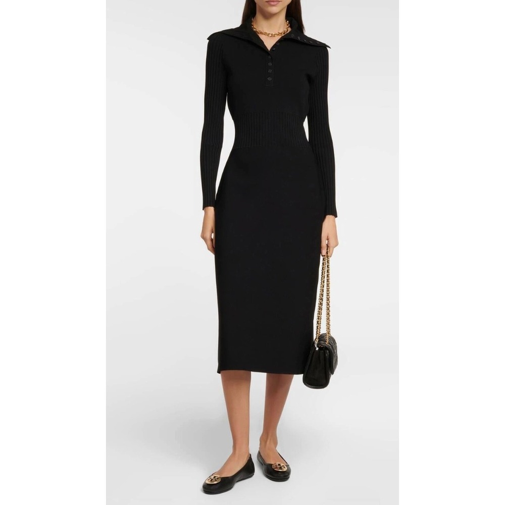 TORY BURCH Knit Midi Dress Black Button‎ Collar Ribbed Waist Women's Size Large